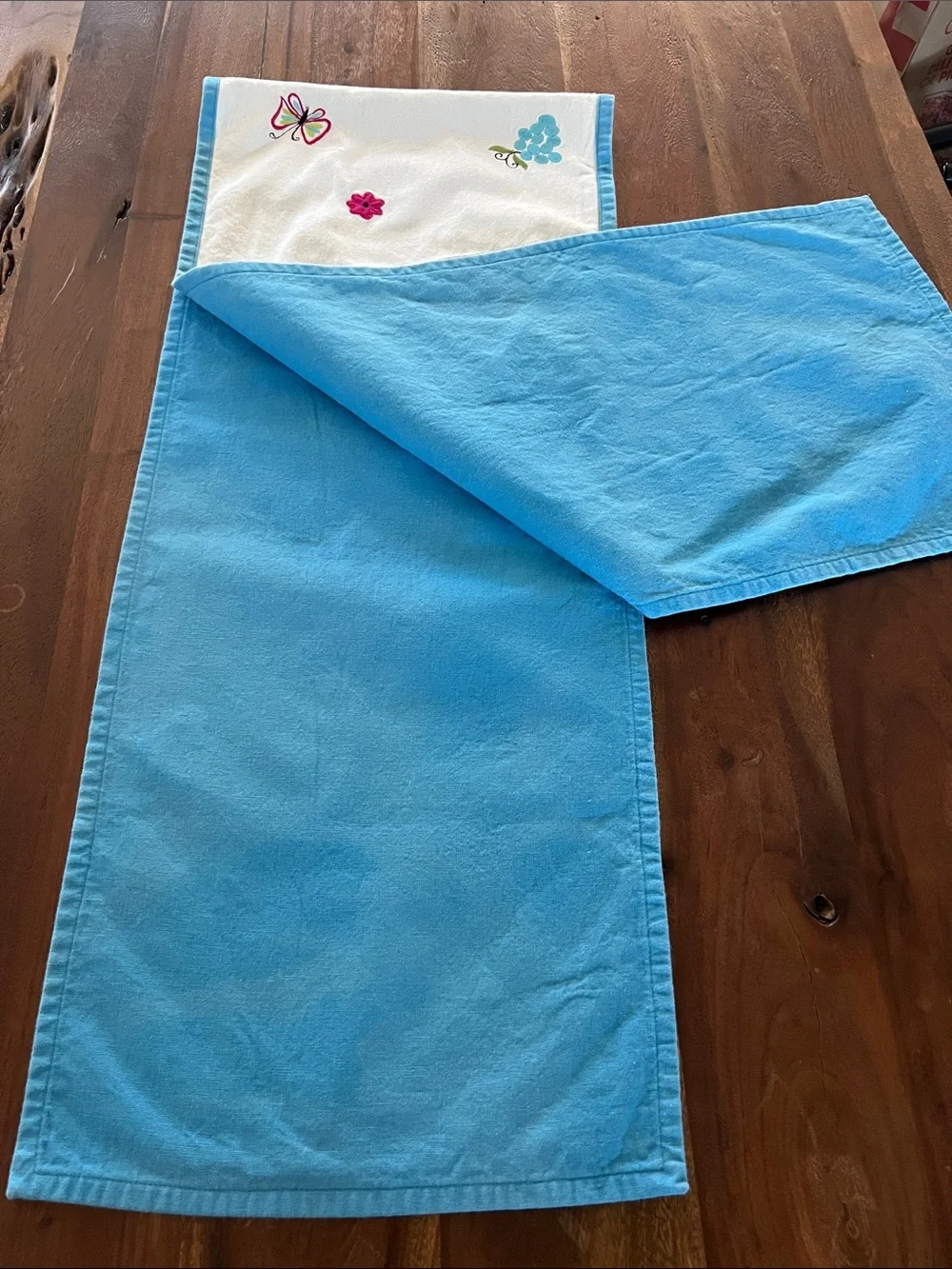 White Embroidered Floral Table Runner with Blue Trim